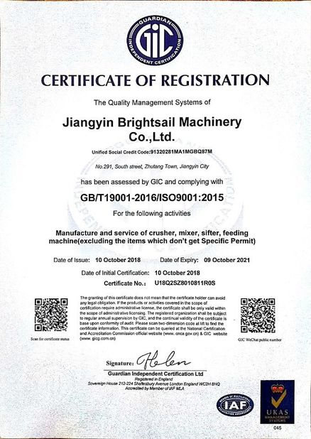 Trung Quốc Jiangyin Brightsail Machinery Co.,Ltd. Chứng chỉ